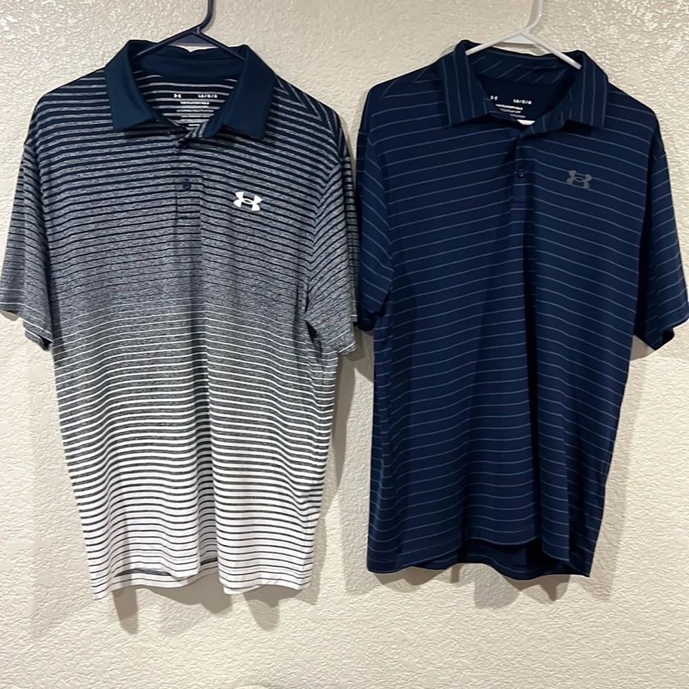 Two Men’s Under Armour golf shirts. Size Lg. Both navy striped. Like new.